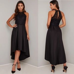 High Neck Lace Bodice Dip Hem Midi Dress in Black